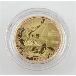 Captain Cook gold proof three coin series, comprising 2018, 2019 and 2020 dated gold proof two pound coins, all three housed together in a Royal Mint presentation box, the individual boxes and certificates are also present