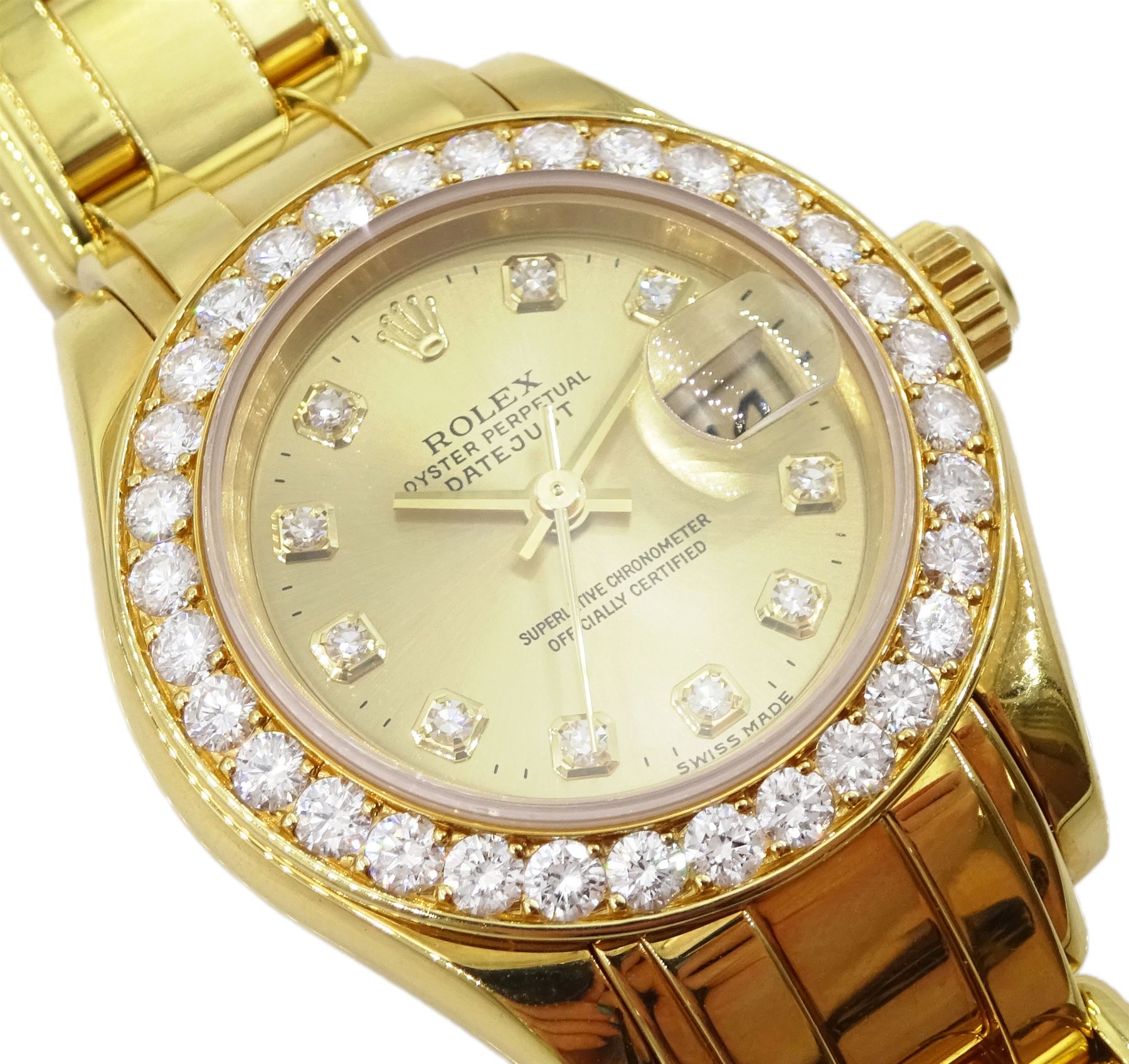 Rolex Oyster Perpetual Datejust Pearlmaster ladies 18ct gold automatic wristwatch, Ref. 69298, Serial No. T293223, champagne dial with diamond hour markers and diamond set bezel, on original 18ct Pearlmaster bracelet with fold-over clasp, with papers