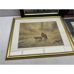 Barry Claughton (20th century): Cobbles at North Landing Flamborough, watercolour signed 23cm x 33cm; Landing the Catch, 19th/20th Century watercolour unsigned 28cm 39cm; Outward Bound, watercolour signed by S Barnes Robson 29cm x 37cm; Les Pearce (20th century): Thames Sailing Barge Race, oil on board signed  39cm x 49cm (4)