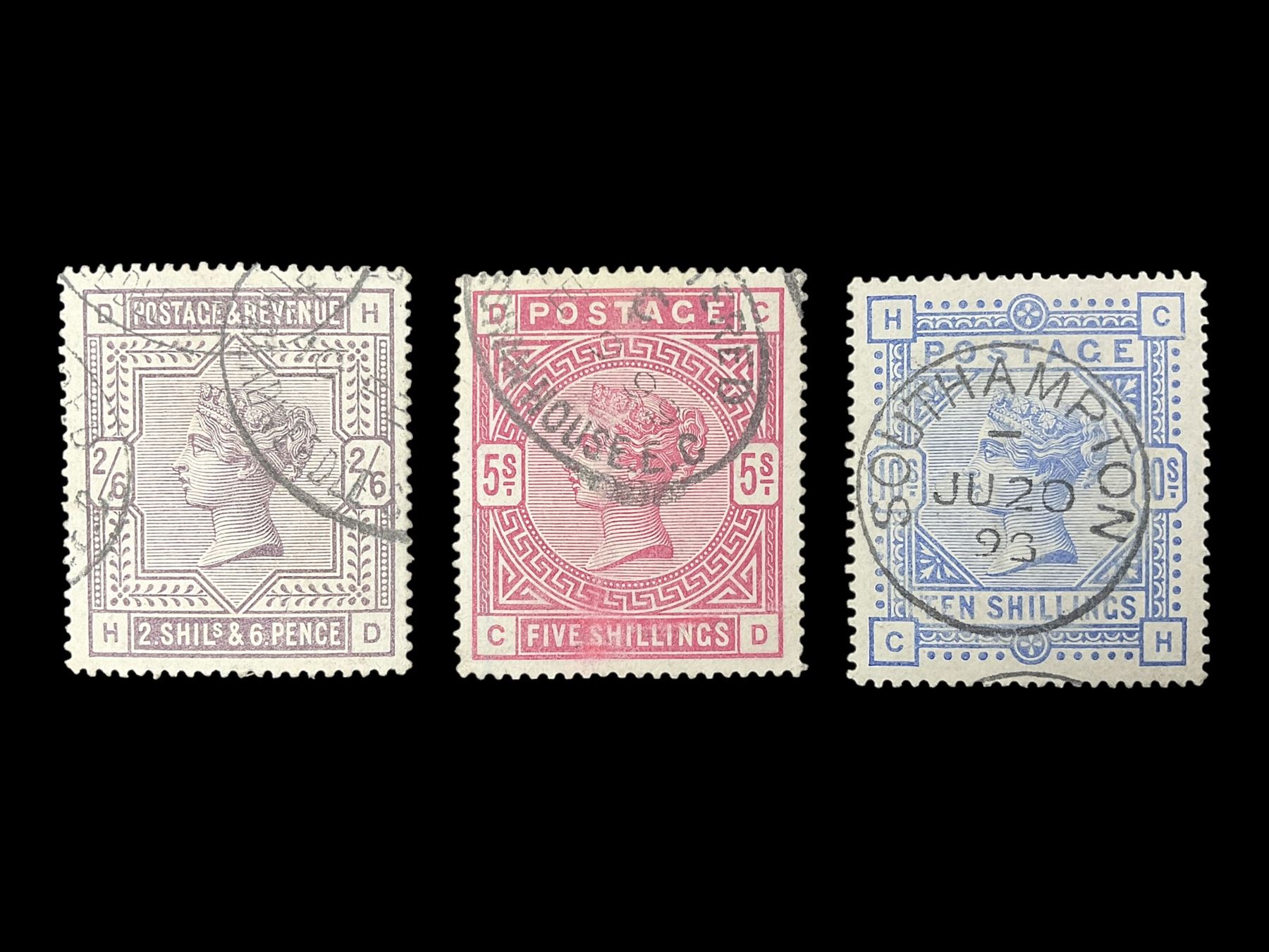 Great Britain Queen Victoria 1883-4 stamps, comprising two shillings and sixpence, five shillings and ten shillings, all used, all previously mounted