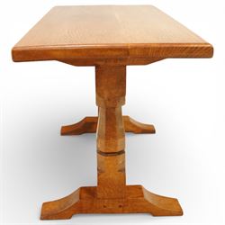 Sid Pollard of Thirsk - Yorkshire oak coffee table, rectangular adzed top with softly moulded edge, raised on twin octagonal baluster supports, united by a plain stretcher, on shaped splayed feet