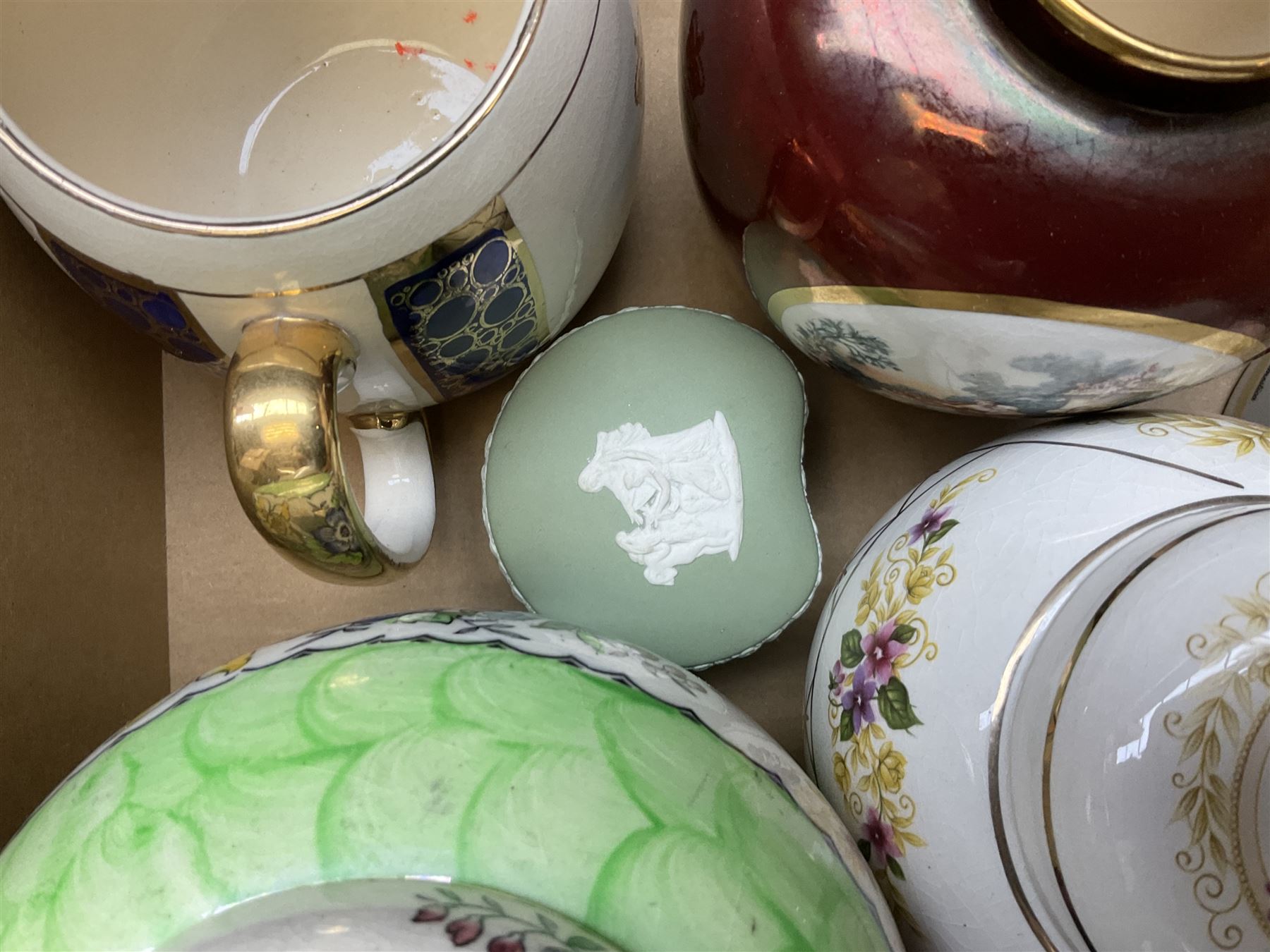 Wedgwood green jasperware trinket box, together with boxed Aynsley 'the Ashes England's  Glorious Victory 2005' plate, commemorative wares, ginger jars and other ceramics, in two boxes 