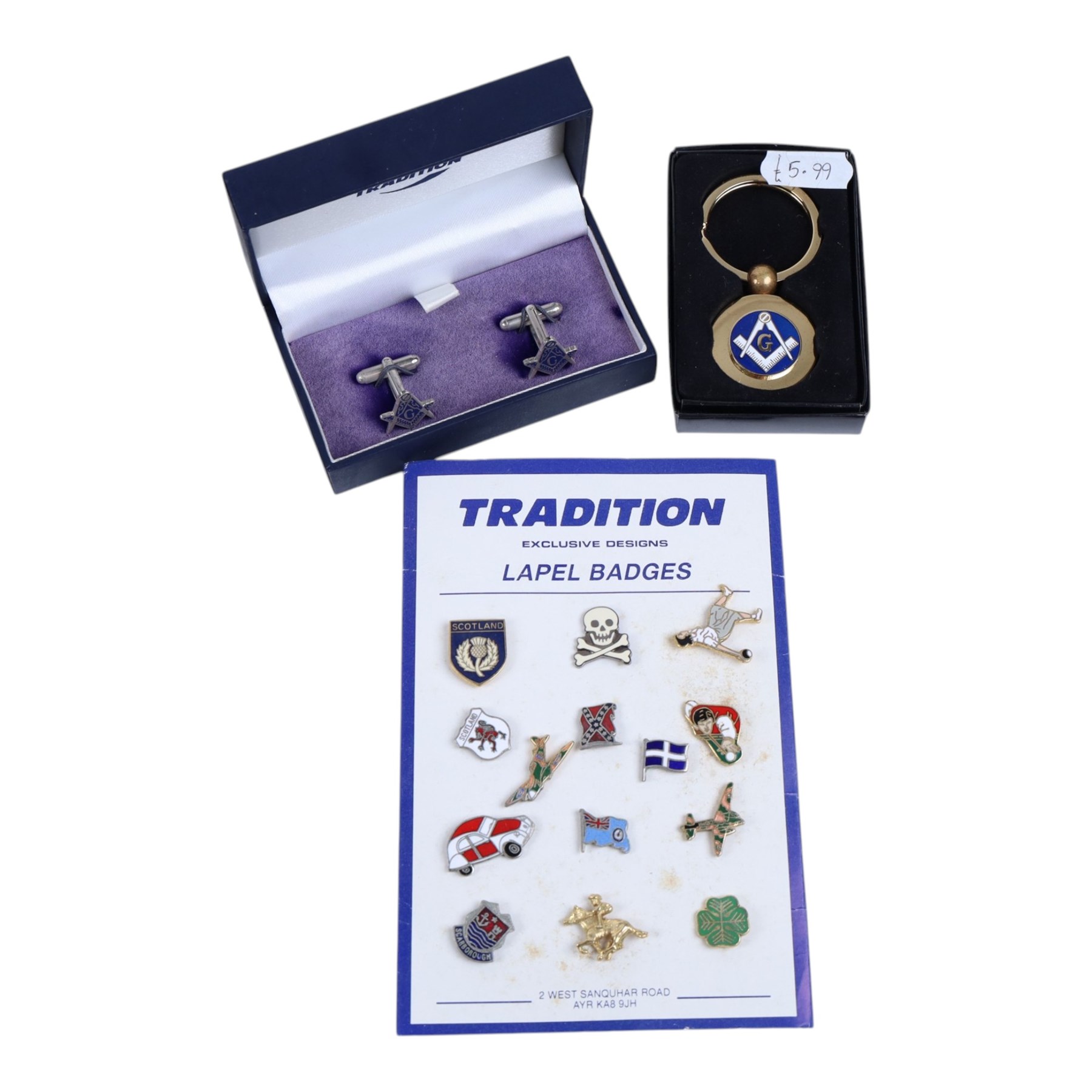 Large collection of Pin badges, including masonic examples together with teaspoons, keyrings etc   