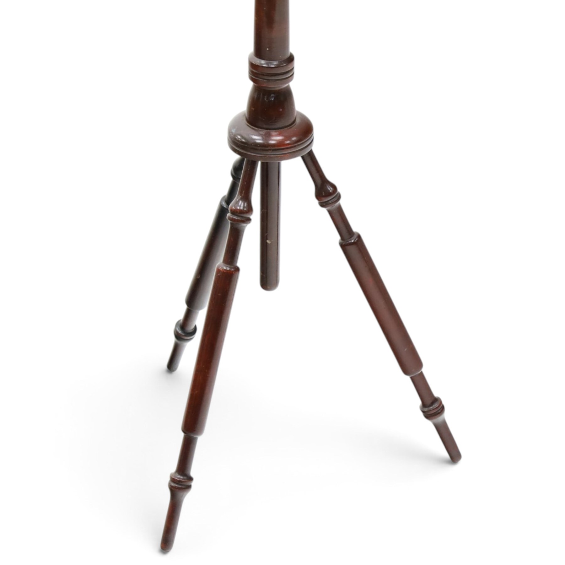 19th century Wheeldon patent telescopic music duet stand, the double adjustable rests over an extendable stem terminating to a turned tripod base