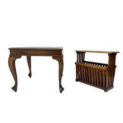 Italian marquetry design coffee table, square top with brass and copper foliate inlays, raised on cabriole supports (W56cm H48cm); and matching magazine rack table (W52cm H45cm)