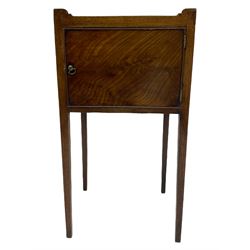 George III mahogany bedside pot cupboard, pierced tray top over single figured door, square tapering supports