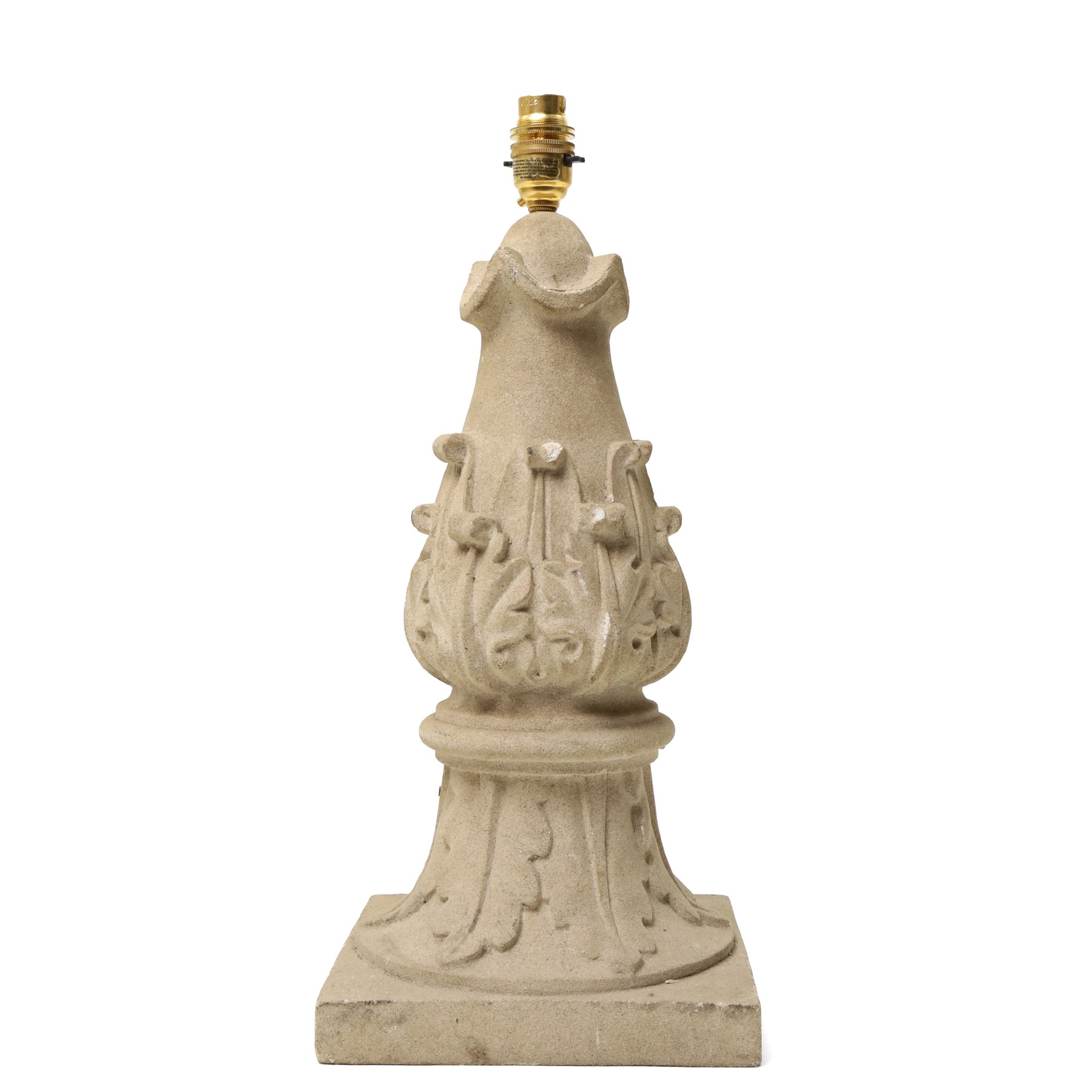 Carved stone finial lamp, including fittings, H46cm 
