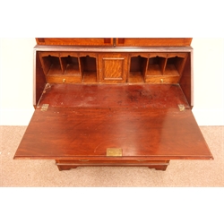  Edwardian inlaid mahogany bureau bookcase, swan neck pediment, astragal glazed doors above fall front enclosing fitted interior and four long drawers, W97cm, H225cm, D47cm  