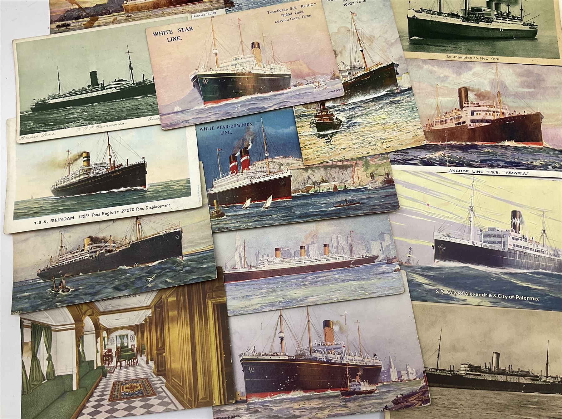 Sixty-five early 20th century postcards of passenger liners including White Star, Red Star, Atlantic Transport, Anchor, Cunard, Henderson, Booth, Union Castle, Holland America, Lamport & Holt, P. & O., New Zealand, Canadian Pacific, British India etc; and ten Edwardian postcards of Naval warships and officers (75)
