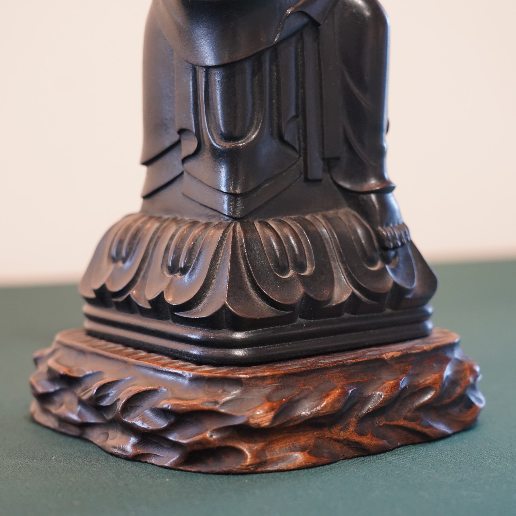 Japanese early 20th century bronze figure of Miroku Bosatsu, on naturalistic hardwood base, H31cm