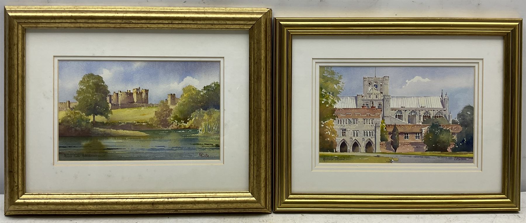 Kenneth W Burton (British 1946-): 'Alnwick Castle - Northumberland' and 'Winchester Cathedral', pair watercolours from the 'Counties of Britain' series signed, titled verso 14cm x 21cm (2)