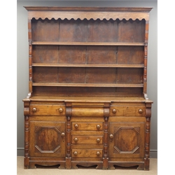  19th century oak dresser, raised three tier plate rack with turned half column moulding, the six drawers and two cupboards with geometric moulding, W167cm, H206cm, D51cm  