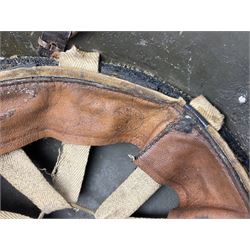 WW2 French M-26 Adrian Pattern Steel Helmet, original olive drab paint finish; flaming grenade badge to the front signifying issue to an Infantry regiment; original leather liner and leather chinstrap; and WW2 Dutch steel helmet with liner and chin strap (2)