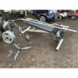 Gym equipment - disc weights, bench, two bars - THIS LOT IS TO BE COLLECTED BY APPOINTMENT FROM DUGGLEBY STORAGE, GREAT HILL, EASTFIELD, SCARBOROUGH, YO11 3TX