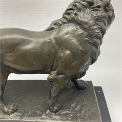 After Charles Valton, bronze, modelled as a lion, upon bronze plinth signed C H Valton, with foundry seal for J B Deposee, and black marble plinth base, overall H20cm L26cm