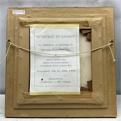 Susan Parmenter (British 1954-): Peaches on a Delft Plate, oil on canvas signed and dated ‘90, 35cm x 34cm 