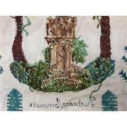 Victorian needlework  picture and verse sampler, 'In memory of Joshua Thomas who died Sep 22nd 1871 age 45', worked by Rebecca Emmott 1872 age 21, H66cm, W61cm 