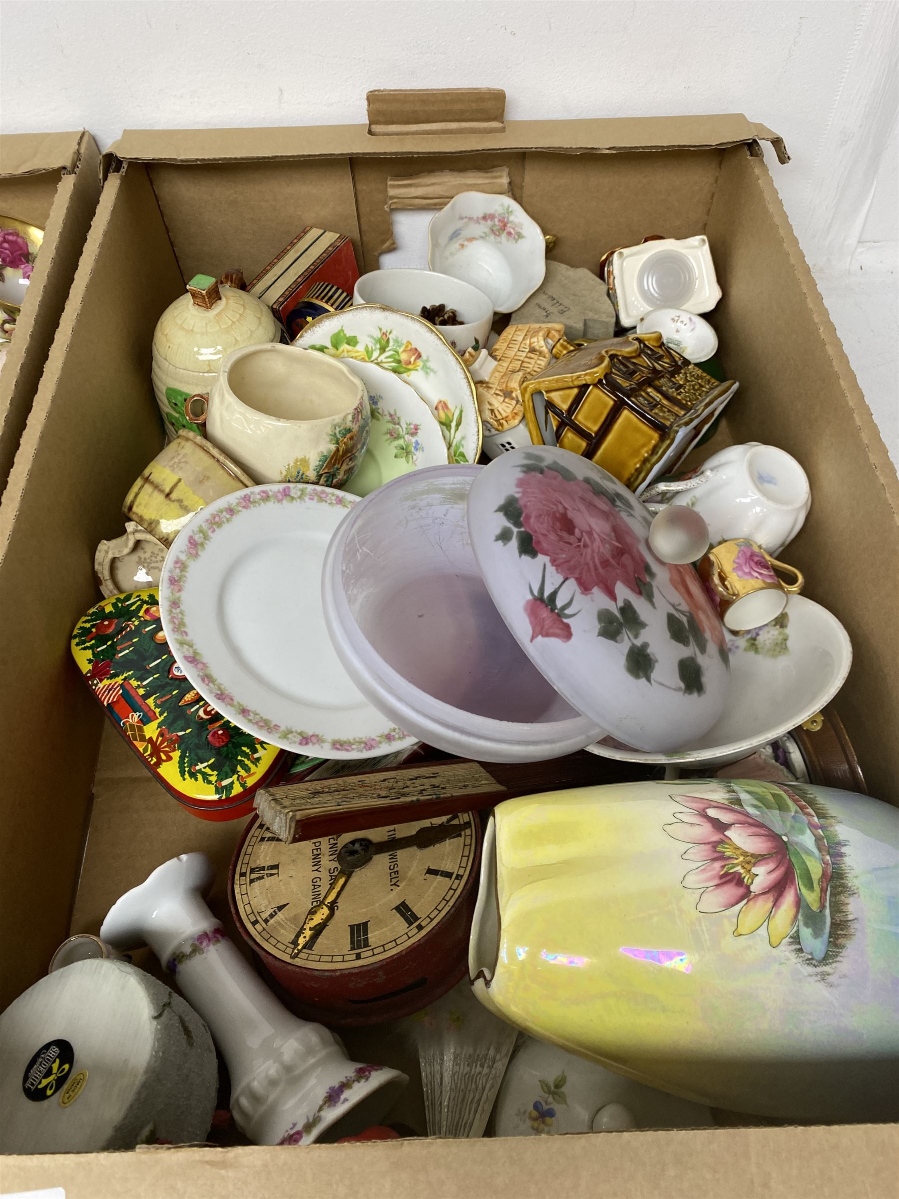 Royal Worcester tea cup and saucer, Royal Doulton Christmas Day 2001 figure and a collection of other ceramics, glassware and collectables, in five boxes 