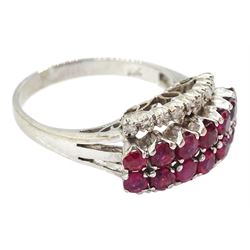 Four row ruby and round brilliant cut diamond ring