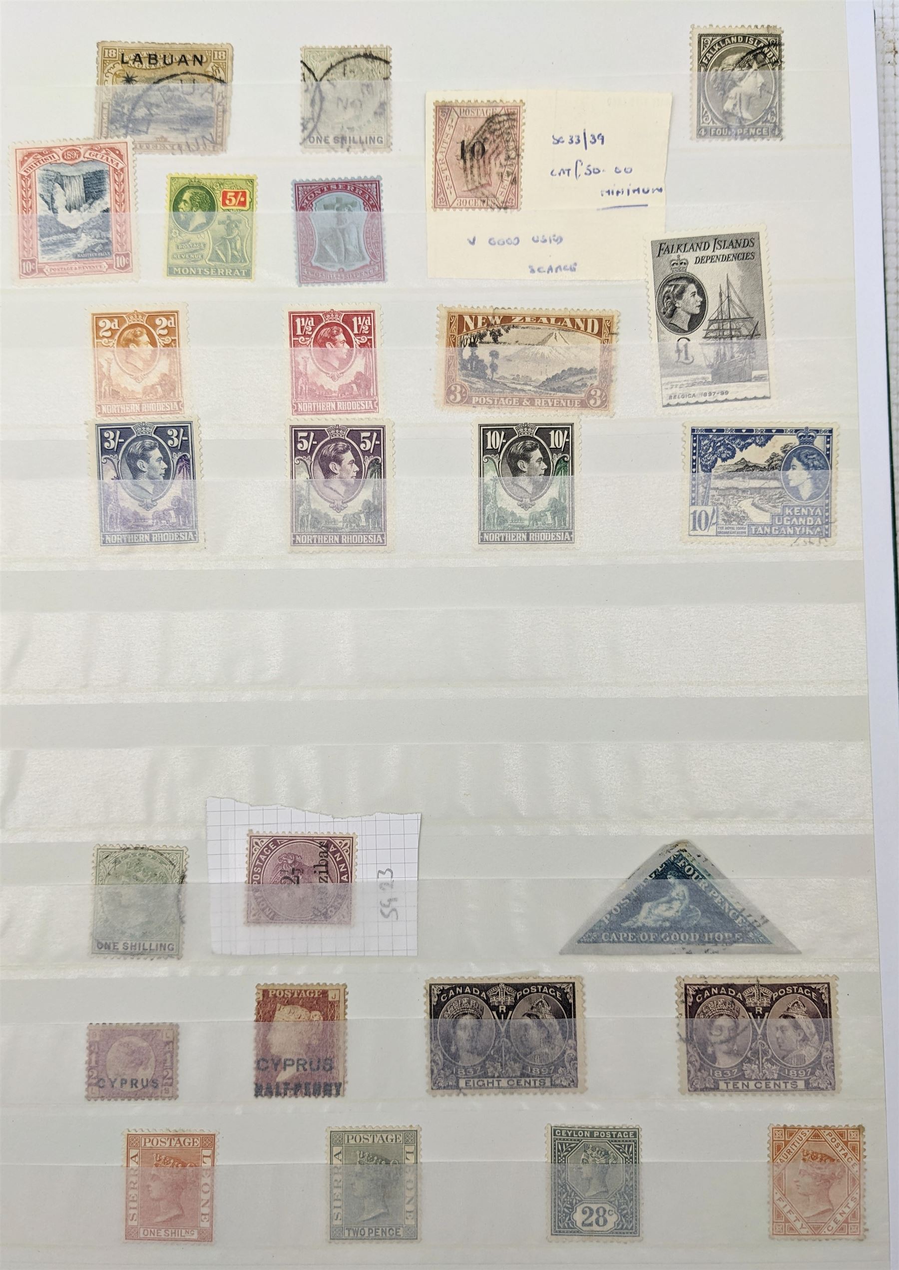 Queen Victoria and later World stamps, including Canada, Bermuda, Gibraltar, St Lucia, Trinidad, New Zealand, Cape of Good Hope etc, various values and monarchs , mint and used, housed in a green stockbook