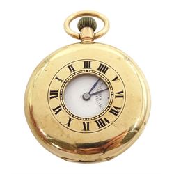 Early 20th century 9ct gold half hunter keyless lever pocket watch, No. 590035, white enamel dial with Roman numeral hour markers and subsidiary seconds dial, the inner dust cover with engraved flower basket decoration, case with London import marks 1916