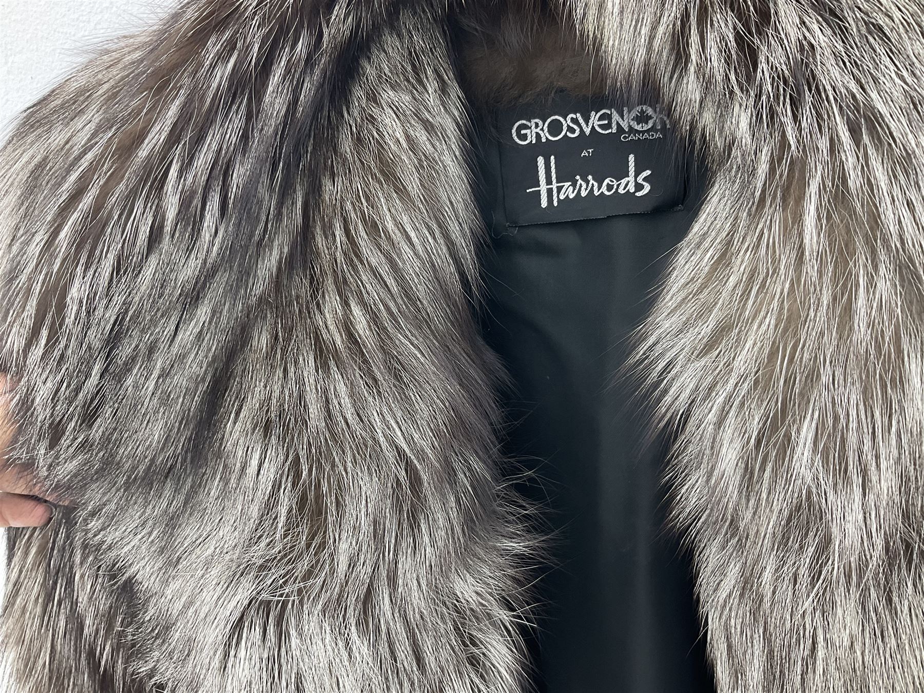 Grosvenor Canada for Harrods vintage full length silver fox fur coat, with black silk lining, no size indicated, approximately vintage size 12 