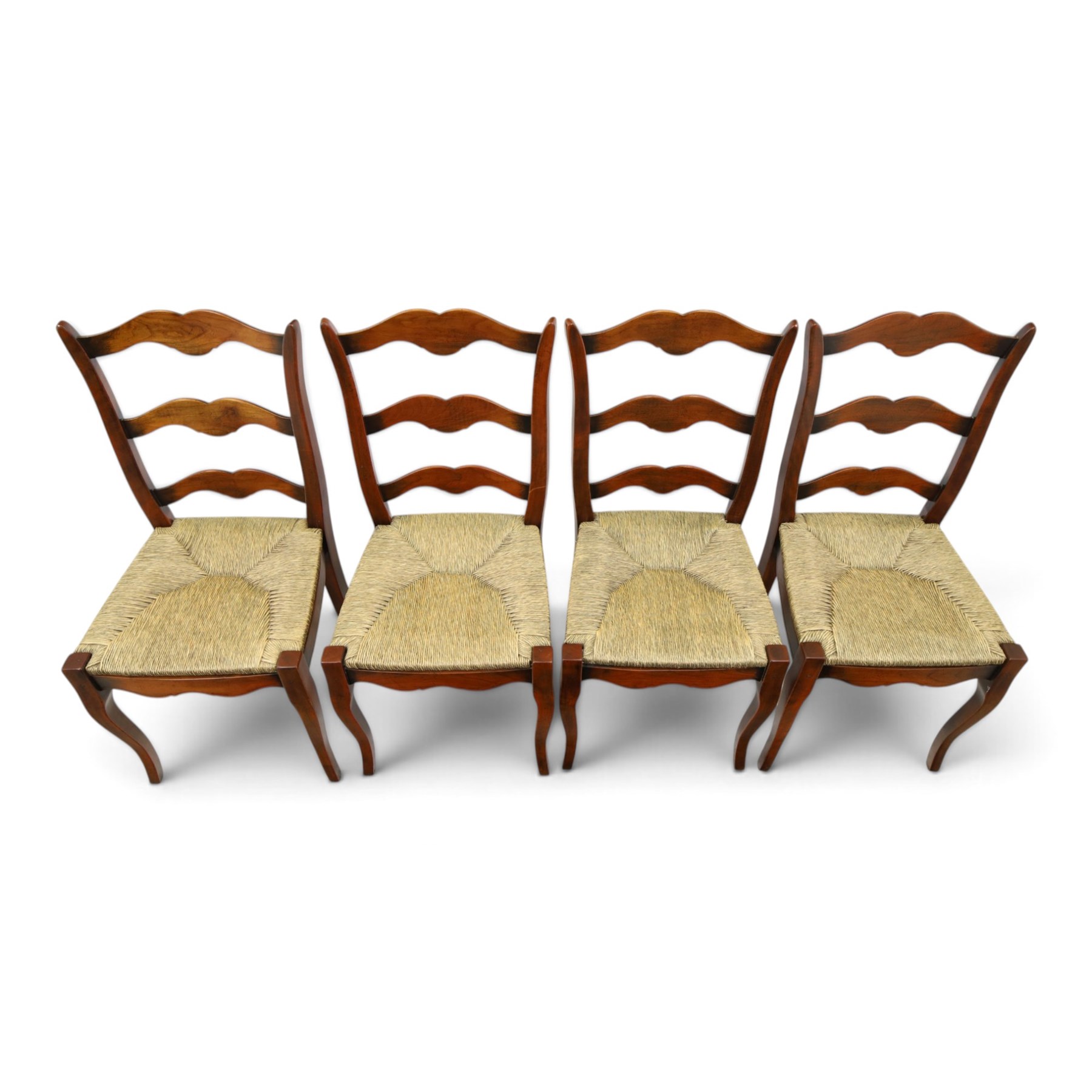 French cherry wood extending dining table, rectangular top on square chamfered supports with two additional leaves; with Batheaston - set of eight cherry wood waived ladder back dining chairs with rush seats (W46cm H98cm)