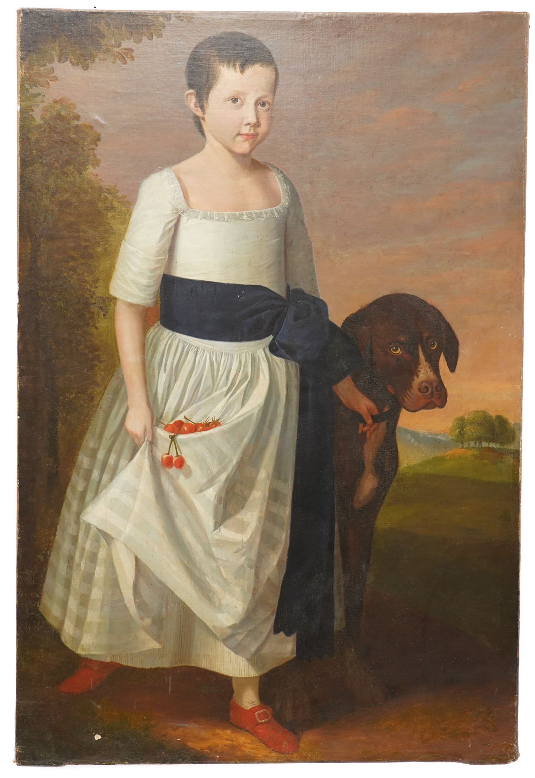 English School (Late 18th/Early 19th century): Full Length Portrait of a Boy in a Dress Holding Cherries with a Large Pointer Dog, large oil on canvas unsigned 113cm x 76cm (unframed)