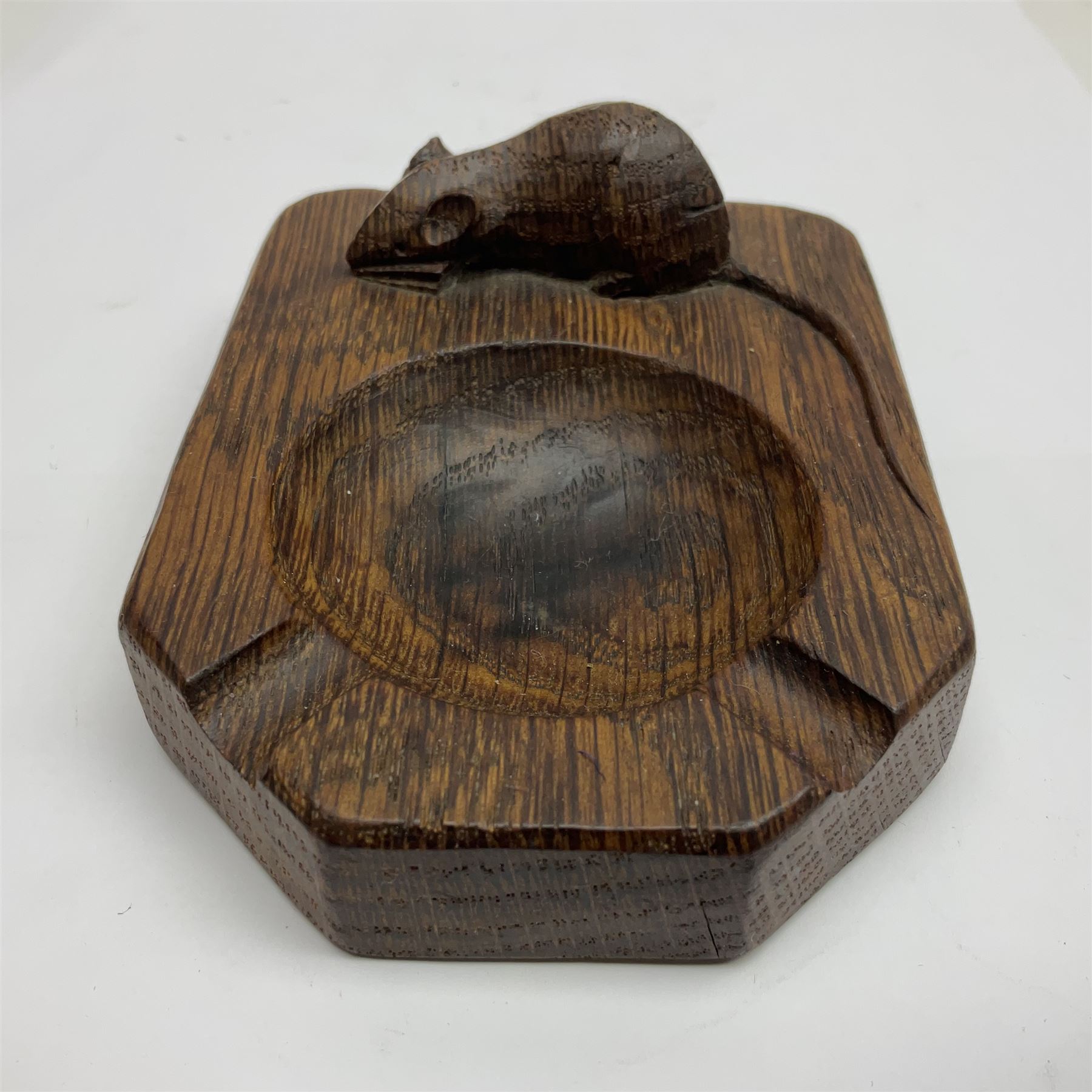 Mouseman - oak ashtray, rectangular form with rounded and canted corners, carved with mouse signature, by the workshop of Robert Thompson, Kilburn