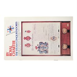 Pacific Steam Navigation Company tableware, comprising hot water pot, milk jug, egg cup and coffee cup, white with navy blue crest by Grindley Hotel Ware, pepper mill and four EPNS teaspoons with enamel decoration