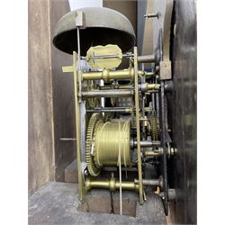 W Sargent of Boston (Lincs) - late 18th century oak cased 8-day longcase clock, with a deep swans necked pediment and brass paterie, break arch hood door with a dog tooth moulding above and detached reeded pilasters with brass capitals, trunk with canted corners and recessed pilasters, long trunk door with a pointed top and central lock escutcheon, on a shortened plinth with applied skirting, painted dial with a moon disc to the arch and spandrels with depictions of fruit within gesso borders, Roman numerals with Arabic five minutes and matching steel hands, date aperture and seconds dial, dial pinned via a false plate to a rack striking movement, striking the hours on a cast bell. With pendulum and weights.