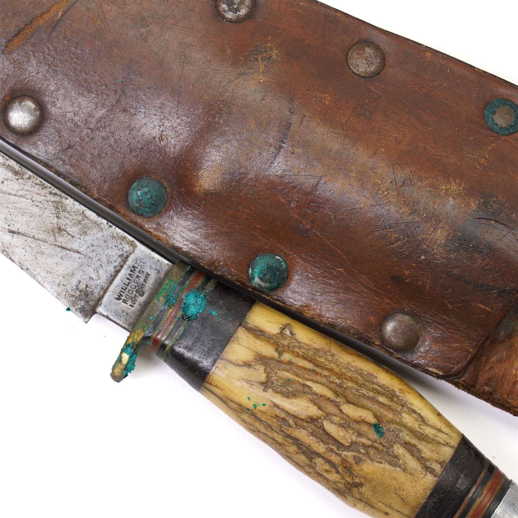 William Rodgers hunting knife with leather sheath, folding pocket knife by Henry Sears and two others