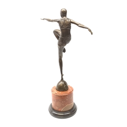 After J Philipp, an Art Deco style bronze, modelled as a female dancer, raised upon a marble base, including base H54.5cm.