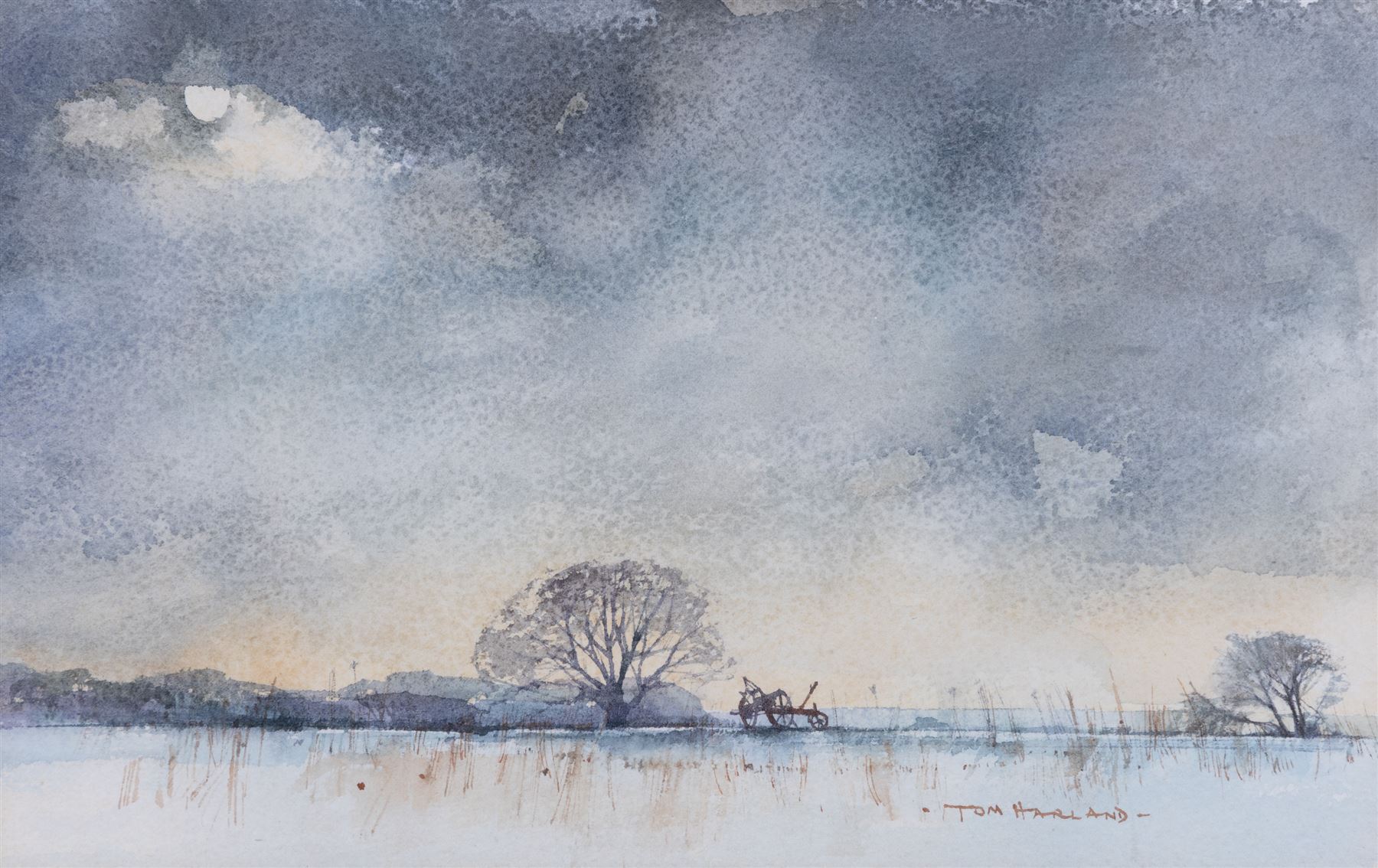 Tom Harland (Yorkshire 1945-2012): Winter in the Fields, watercolour signed 21cm x 33cm 