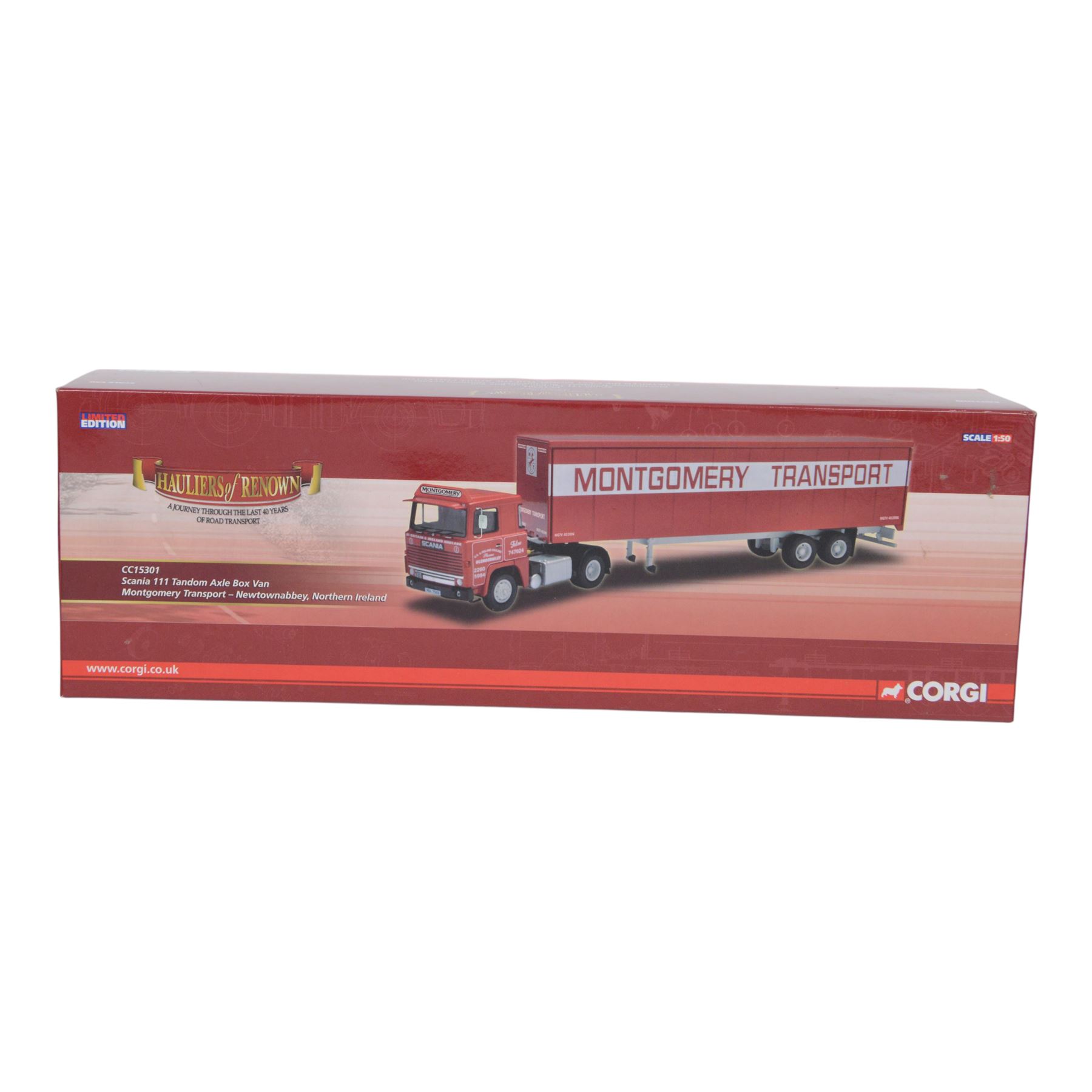 Two Corgi Hauliers of Renown 1:50 scale diecast model lorries, comprising CC15301 Scania 111 Tandom Axle Box Van Montgomery Transport and CC14112 DAF 105 Flatbed & Cement Block Load Keith Murray Transport, both boxed