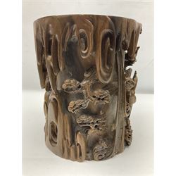 20th century Chinese brush pot, lof cylindrical form with deep relief carving of birds within peony bushed, H25cm