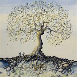 After Catherine Stephenson (Yorkshire contemporary): 'Rooted Hope', textured print on canvas 80cm x 80cm 