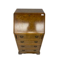 Mid-20th century burr walnut bureau, fitted with fall front above four drawers
