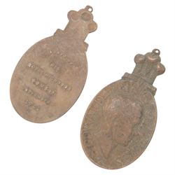 Two Edward Prince of Wales Visit to Bombay 1921 oval bronze medals, the obverse with bust of Edward Prince of Wales, the reverse inscribed ‘Visit of His Royal Highness, Bombay, November 1921, together with a King Edward VII and Queen Alexandra Coronation medal, dated June 1902, largest D6cm