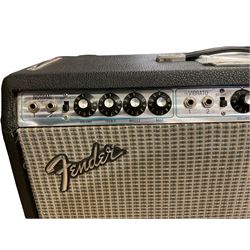 1970s Fender Twin Reverb professional amplifier No.A66744, made in USA, with swivelling side angle stands and cover L66cm H58cm; with original purchase invoice for £350 from Gough & Davy Hull dated 1976.
