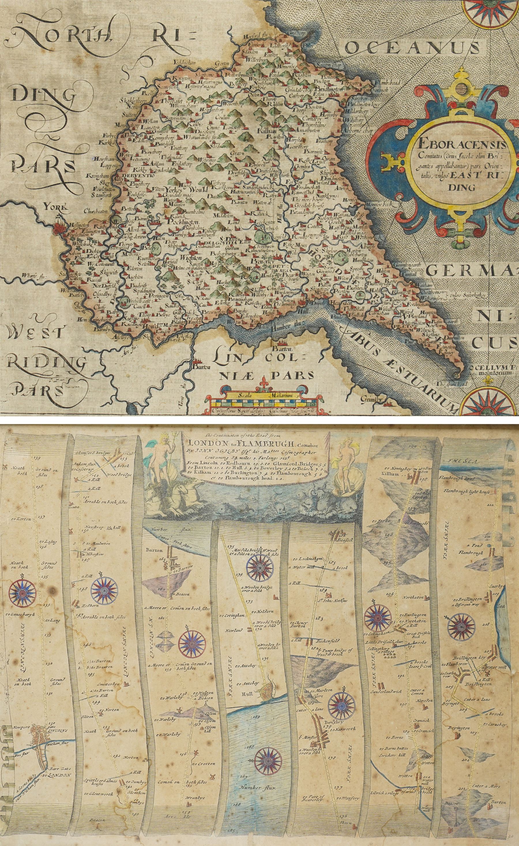 Gulielmus Hole (British ?-1624) and Christopher Saxton (British 1540-1610): 'Eboracensis Comitatus pars Orientalis vulgo East Riding', 17th century engraved map of the East Riding Yorkshire with hand-colouring pub. 'Camden's Britannia' c.1607, 20cm x 25cm; John Ogilby (British 1600-1676): ''The Road from London to Flamborough Head', 17th century engraved strip map with hand-colouring 38cm x 47cm (2)