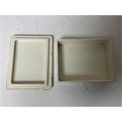 Staffordshire figure of the Duke of Wellington on a bay horse, H30cm in red uniform, together with a similar Staffordshire figure of Dick Turpin, pair of Staffordshire style dogs, H27cm, three Meissen style double salts and two trinket boxes 