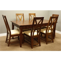  Rectangular walnut extending dining table with parquetry top (H77cm, 90cm x 170cm - 230cm (with leaf)), and six dining chairs with upholstered seats  