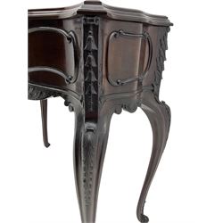Late Victorian mahogany jardiniere planter stand, shaped form with fixed moulded top, applied c and s scroll mouldings and husks to the frieze and canted corners, acanthus carved cabriole supports with scroll carved terminals, 91cm x 37cm, H85cm