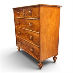 Mid-Victorian figured mahogany chest of drawers, circa 1860, rectangular moulded top over two short and three long drawers with figured veneers, on turned supports