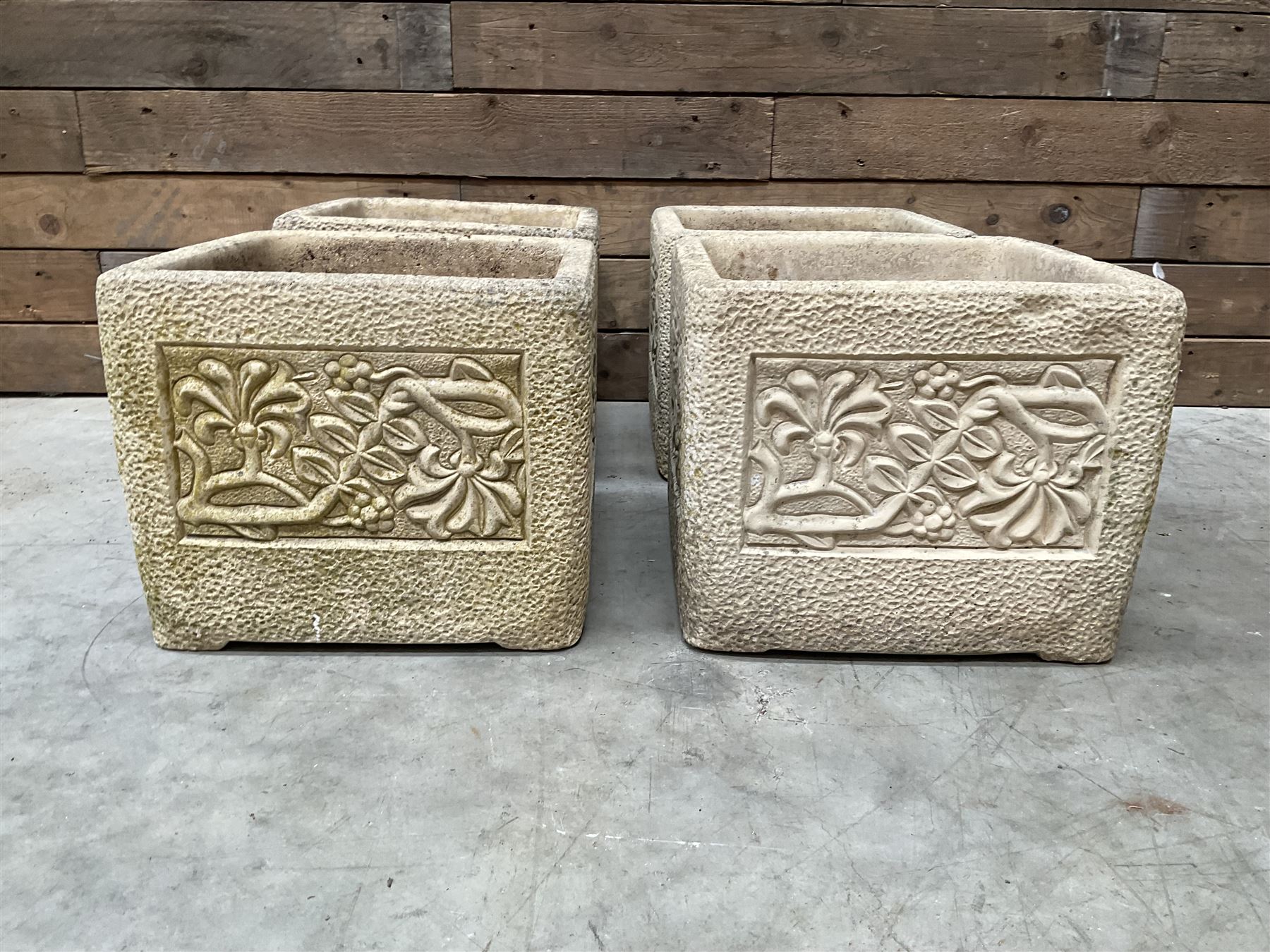 Set four Cotswold Studios Ltd square cast stone garden planters 