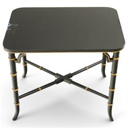 Victorian ebonised and gilt-painted papier-mâché tray on later ebonised and parcel-gilt simulated bamboo stand, the rectangular removable tray with gilt foliate and butterfly scenes with scrolling branches, the base on four ring-turned and splayed supports united by X-stretcher
