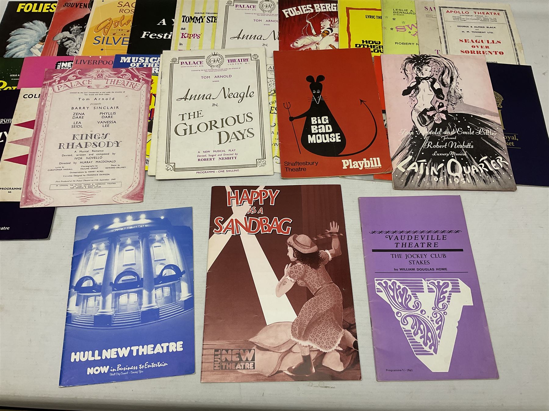 Over thirty theatre programmes 1940s and later including various London theatres - Apollo, Adelphi, Savoy, Drury Lane, Palace, Prince Edward, Vaudeville, Palladium etc, Folies Bergere and others