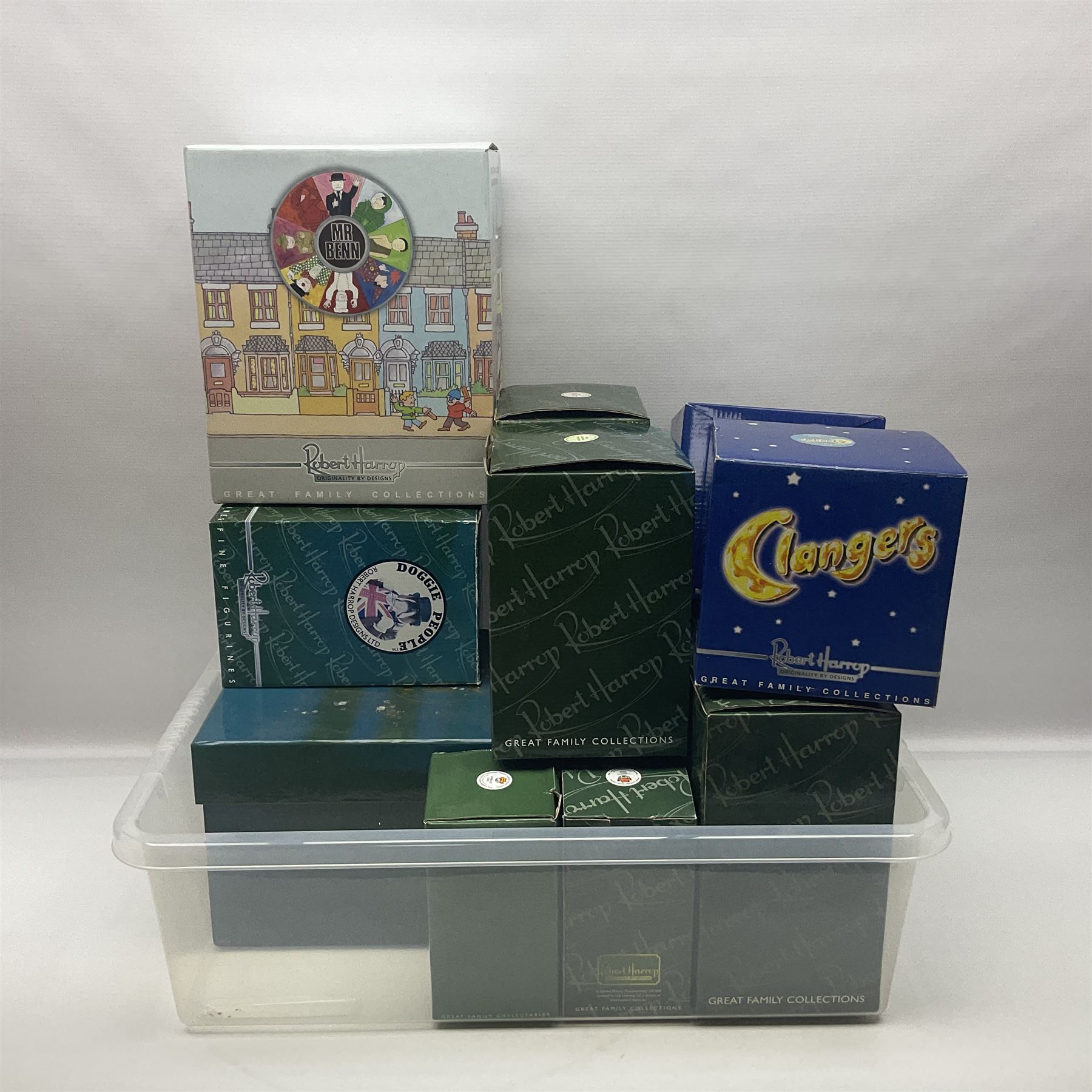 Eleven Robert Harrop figures from various collections, comprising limited edition The Trumpton Fire Engine Musical Box CGMB8 no. 359/1000, The Dragon from the Red Knight BN09, Bulldog Fireman DP165, Pointer Fire Chief DP184, Dalmatian New York Fire Fighter DP234, Dalmatian Fire Fighter DP191; Desperate Dan ‘Fireman Dan’ BDS11, Cuthbert CG13, Pugh (Clarinet) CG70, The Soup Dragon CL05 and Baby Dragon CL06