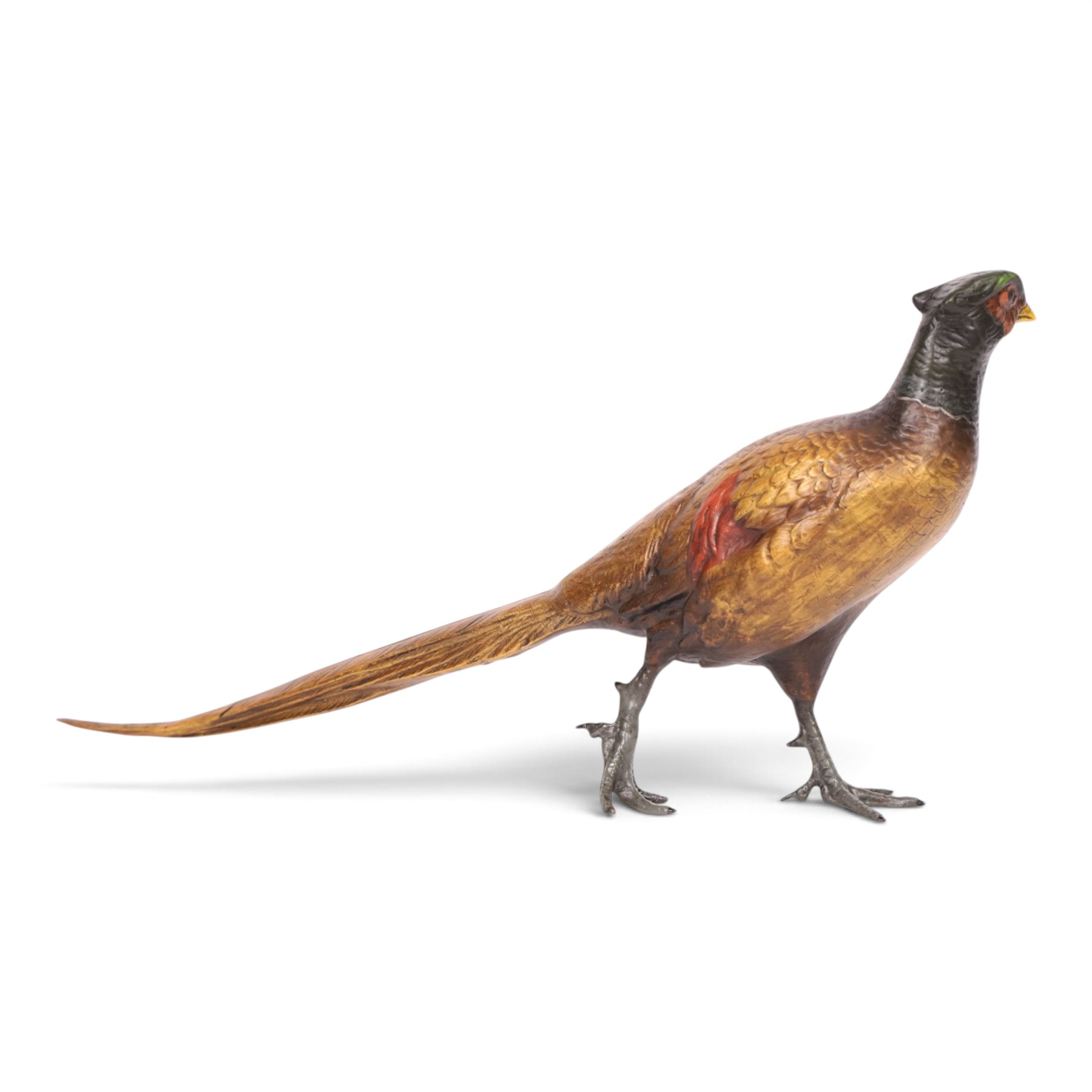 Cold painted bronze figure, modelled as an art deco style pheasant, H16cm, L30cm